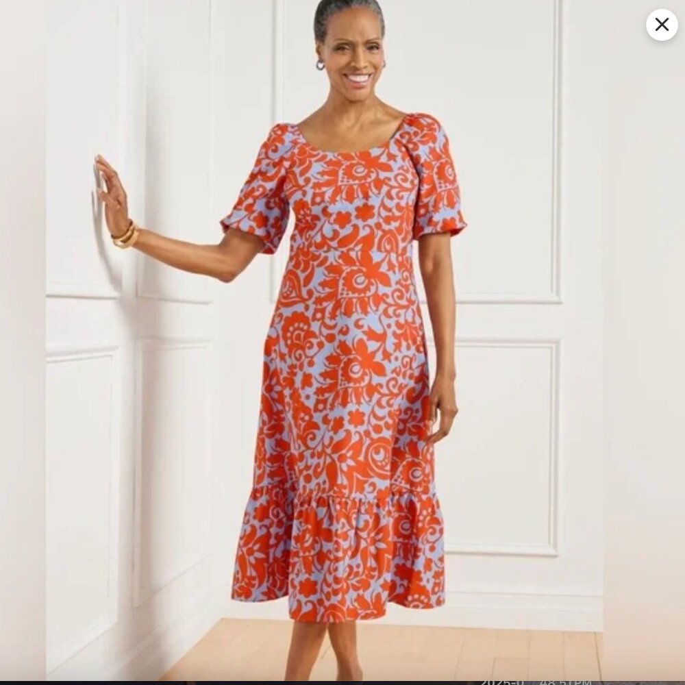 Talbots Jacobean Poplin Dress Puff Sleeve Ruffled Hem Size 12